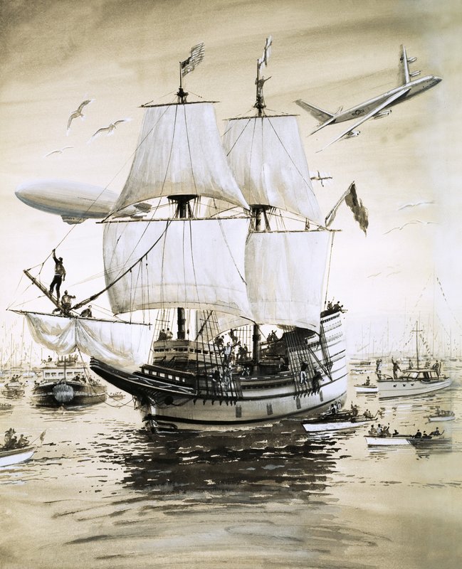 Alan Villiers újraalkotja a zarándok atyák Mayflowerét, és átvitorlázik az Atlanti-óceánon. alkotó: English School