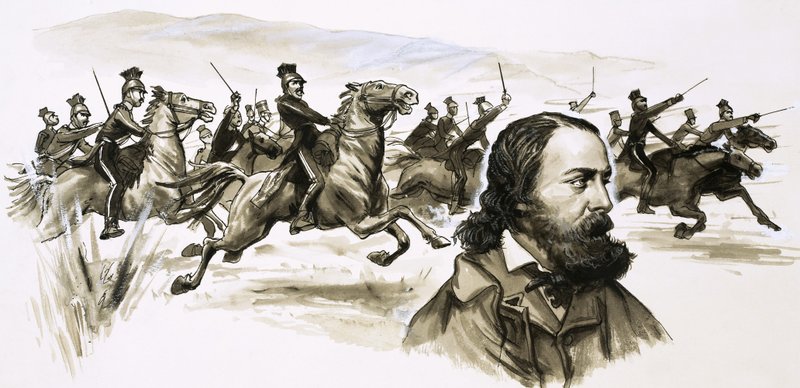 Alfred Tennyson a háttérben a Könnyű Brigád támadásával alkotó: English School