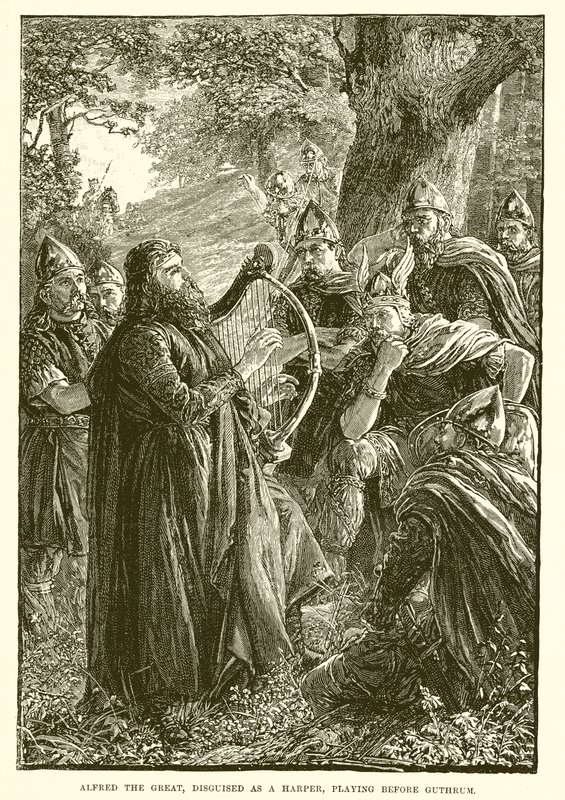 Nagy Alfréd, aki hárfásnak álcázott, Guthrum előtt játszik alkotó: English School