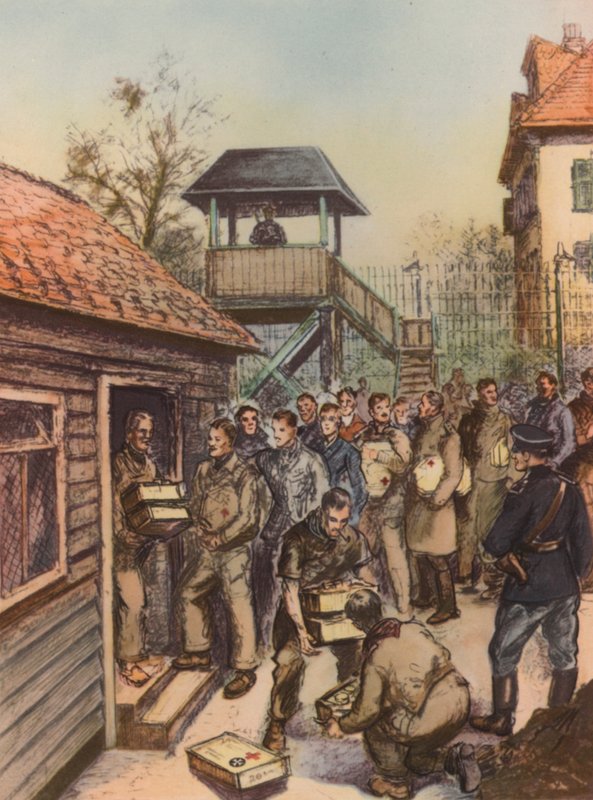 Vöröskereszt-csomagokat kapó szövetséges hadifoglyok egy német hadifogolytáborban, II alkotó: English School