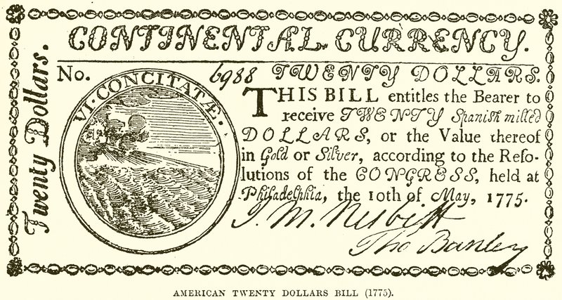 Amerikai húszdolláros bankjegy (1775) alkotó: English School