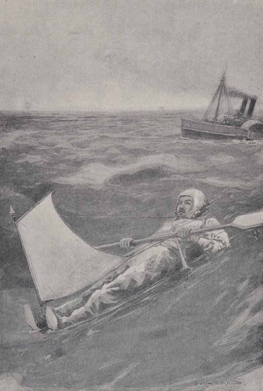 Paul Boyton amerikai kalandor gumiruhában kel át a La Manche-csatornán. alkotó: English School