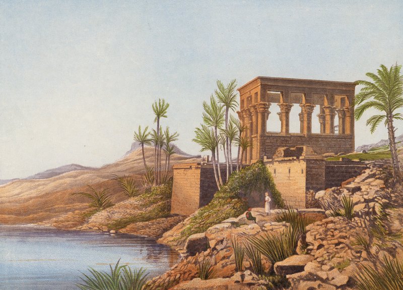 Egyiptomi templom a Nílus partján, Philae (színes litográfia) alkotó: English School
