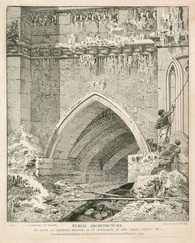 A régi London-híd íve, ahogyan az 1814-es nagy fagyban megjelent alkotó: English School