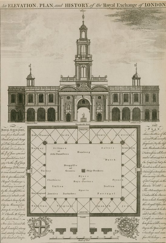 A londoni Royal Exchange domborzata, terve és története alkotó: English School