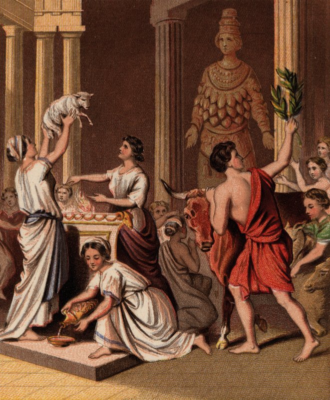 Ókori görögök állataikkal a templomban (chromolitho) alkotó: English School