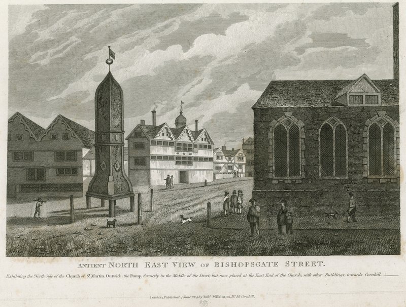 Ősi északkeleti kilátás a Bishopsgate utcára alkotó: English School