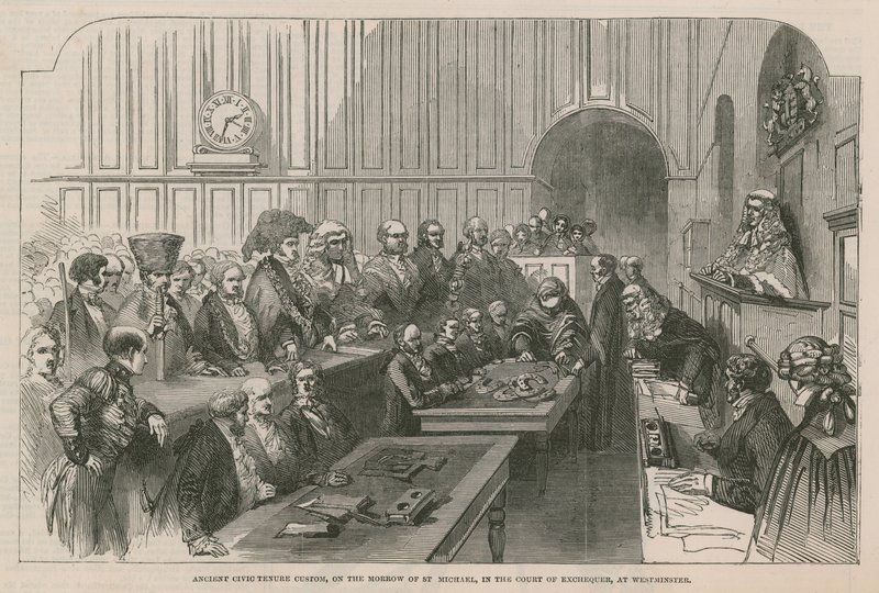Ősi polgári birtoklási szokás Szent Mihály tükrén, a Westminster-i Pénzügyőrségben alkotó: English School