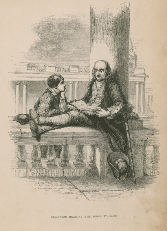 Anderson felolvassa Jacknek a Bibliát; illusztráció: Szegény Jack, Frederick Marryat alkotó: English School