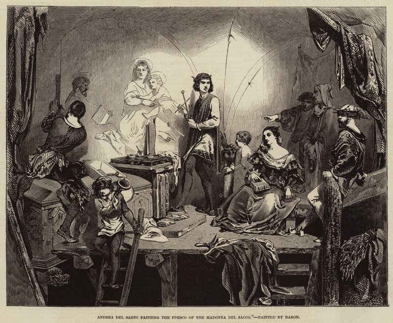 Andrea del Sarto megfesti a Madonna del Sacco freskóját (metszet) alkotó: English School