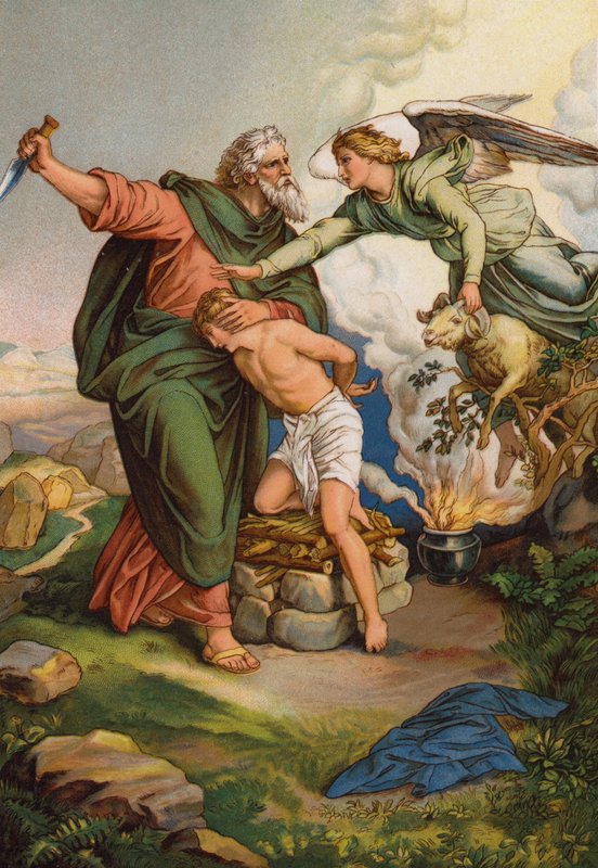 Angyal közbelép, hogy megakadályozza Ábrahámot abban, hogy feláldozza fiát, Izsákot (chromolitho) alkotó: English School