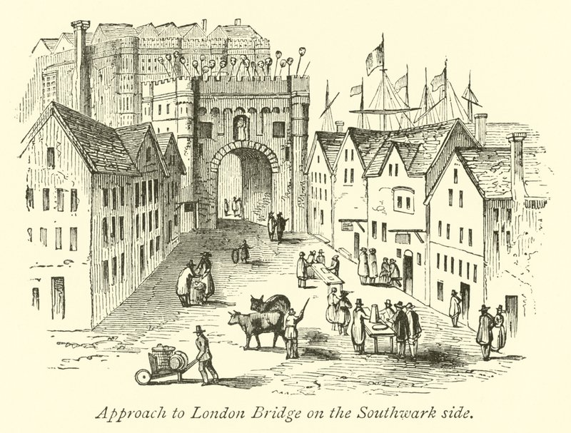 A London Bridge megközelítése a Southwark oldalán alkotó: English School