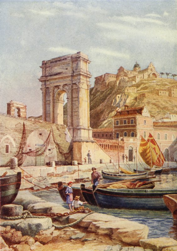 Traianus boltíve és Ancona kikötője, Olaszország (színes litó) alkotó: English School