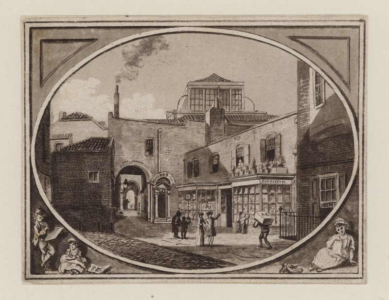 Archibald Roberton, a Savill Row Passage nyomdai eladója, a szomszédos Squibs aukciós teremben, 1790 körül alkotó: English School