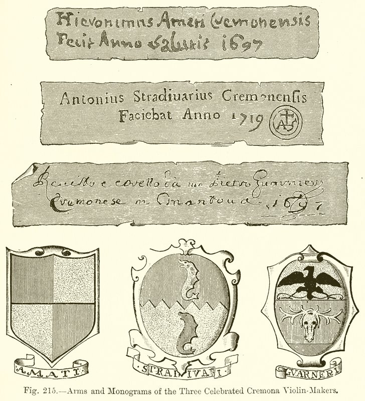 A három ünnepelt cremonai hegedűkészítő karjai és monogramjai alkotó: English School