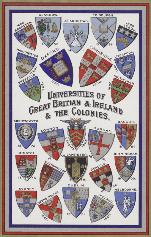 Nagy-Britannia, Írország és a gyarmatok egyetemeinek fegyverei (színes litho) alkotó: English School