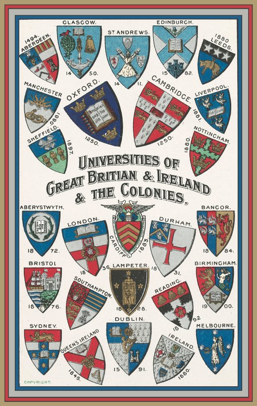 Nagy-Britannia és Írország, valamint a gyarmatok egyetemeinek karjai (színes litho) alkotó: English School