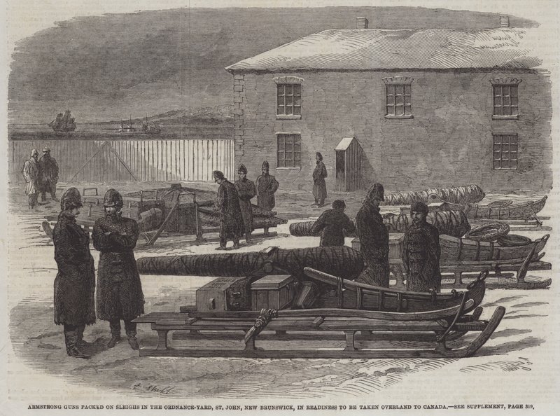 Armstrong ágyúk szánokon az Ordnance-Yardban, St John, New Brunswick, készen arra, hogy szárazföldön Kanadába szállítsák (metszet) alkotó: English School
