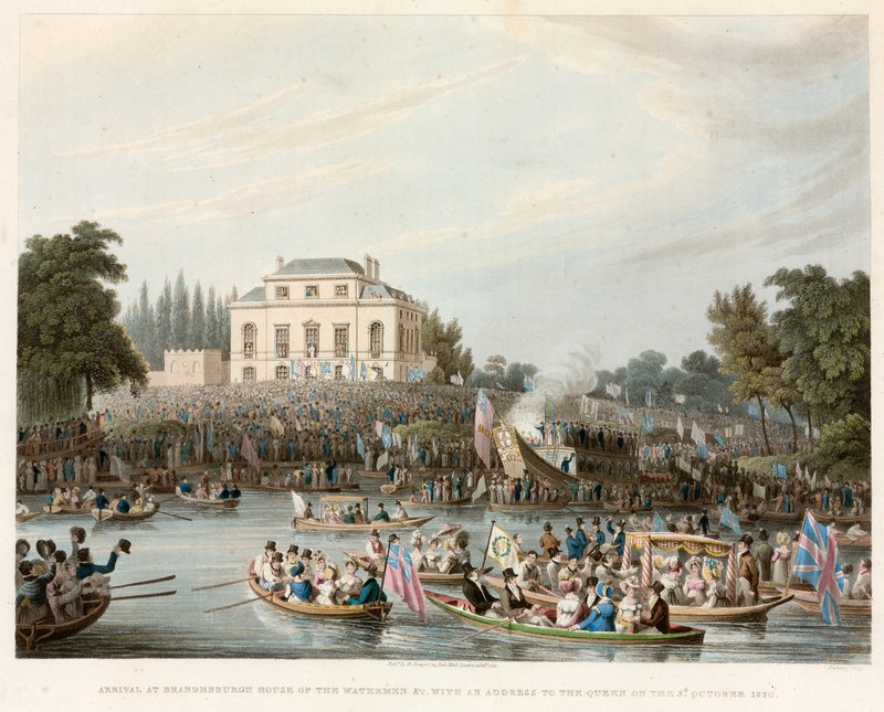 Érkezés a Brandebburgh House of the Watermen stb. a királynőhöz intézett beszéddel, 1820. október 3. alkotó: English School