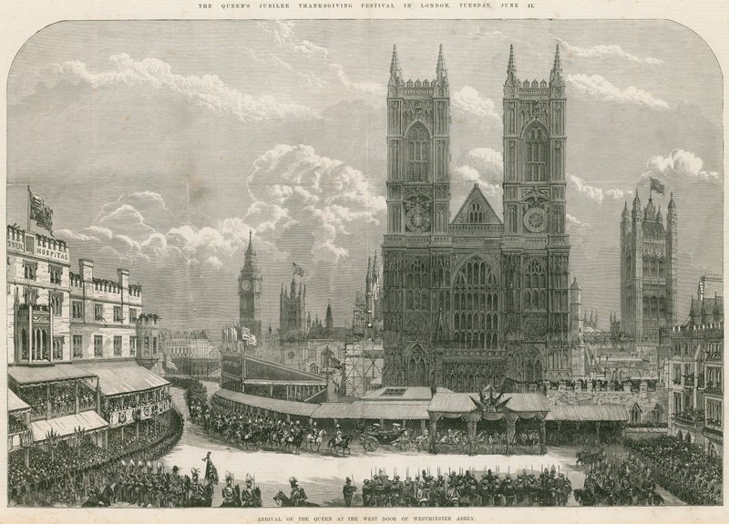 Viktória királynő érkezése a Westminster Abbey nyugati ajtajához alkotó: English School