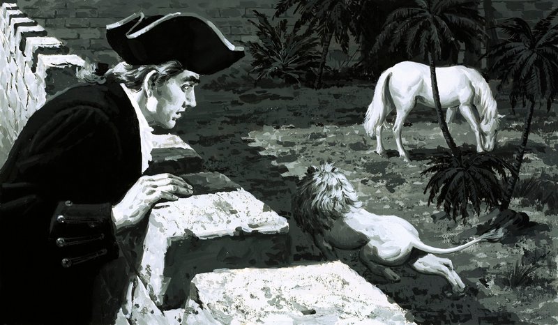 George Stubbs művész végignézte, amint egy oroszlán egy barbár ló felé lop (gouache papíron) alkotó: English School
