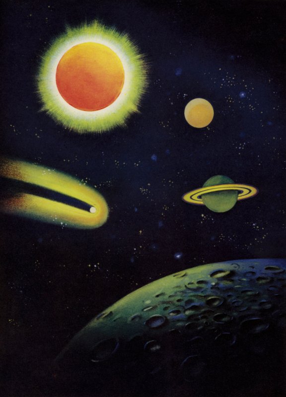 Csillagászati objektumok: a Nap, a koronájával; a Mars és a Szaturnusz bolygók; Coggia üstököse; a Hold felszíne (színes litó) alkotó: English School