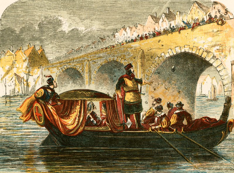 Kísérlet elsüllyeszteni Eleanor, III. Henrik királynőjének bárkáját a londoni hídon alkotó: English School
