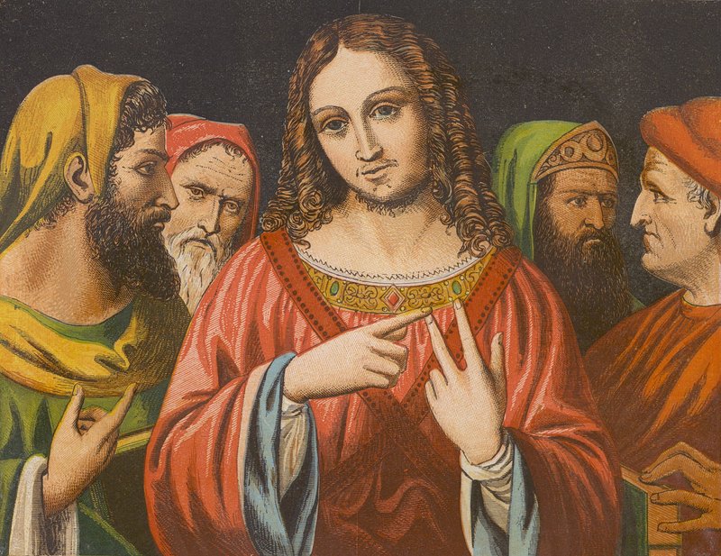 Jézus Krisztus tekintélyének megkérdőjelezése a templomban (színes litográfia) alkotó: English School