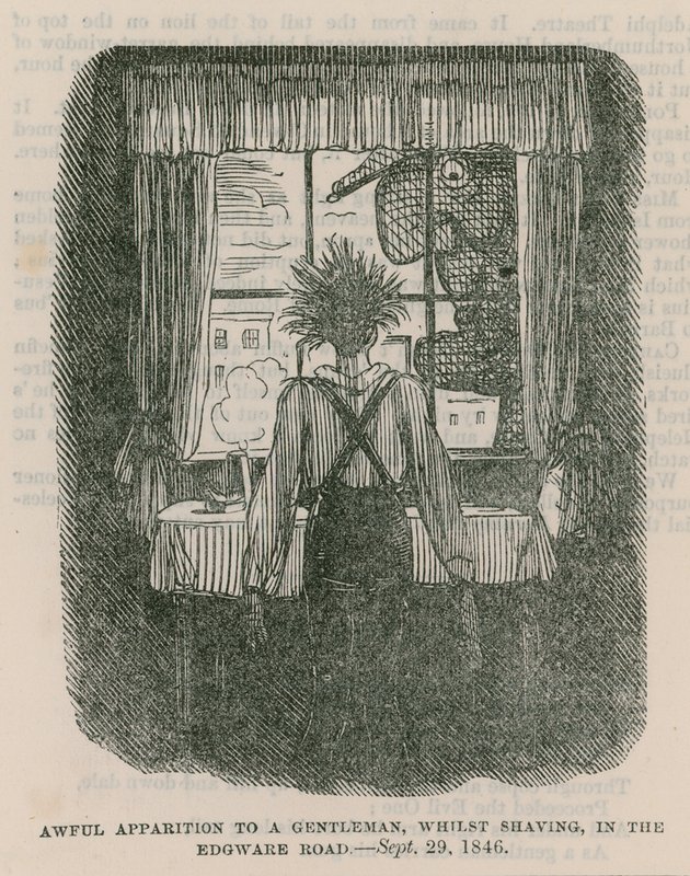 Szörnyű jelenés egy úriembernek borotválkozás közben az Edgware Roadon, London – 1846. szeptember 30. alkotó: English School