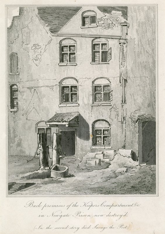 A Newgate-i börtön őrzői részlegének hátsó helyiségei. A második történetben meghalt Richard Savage költő alkotó: English School