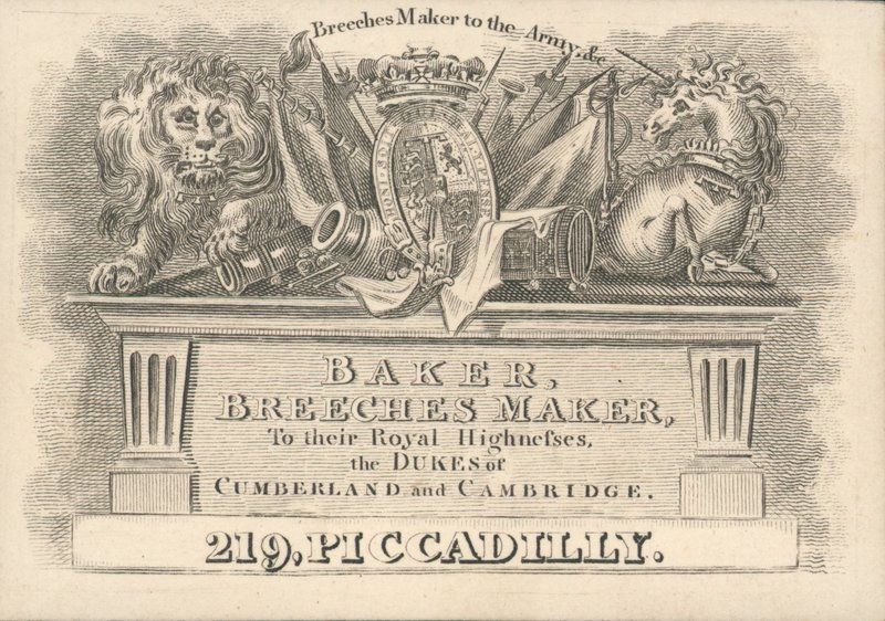 Baker, bricsesznadrág készítő, 219 Piccadilly, kereskedelmi kártya alkotó: English School