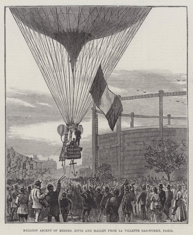 Messers Jovis és Mallet ballonos emelkedése a párizsi La Villette Gas-Works-ből (metszet) alkotó: English School
