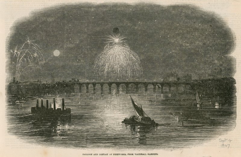 Léggömb és tűzijáték bemutató, Vauxhall Gardens, London alkotó: English School
