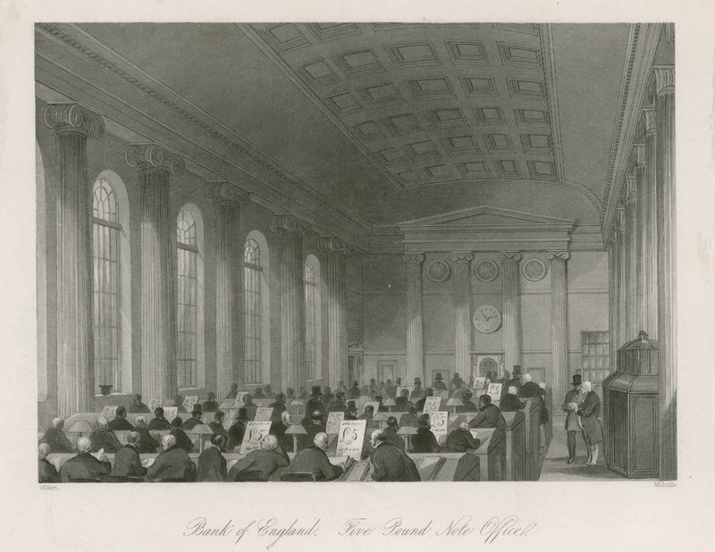 Bank of England, ötfontos bankjegyiroda alkotó: English School