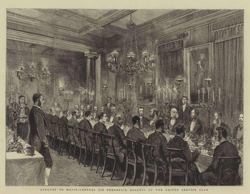 Bankett Sir Frederick Roberts vezérőrnagynak a United Service Clubban, illusztráció a The Graphic számára, 1880. december 4. alkotó: English School