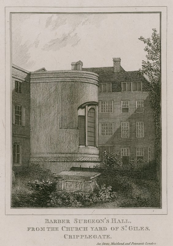 Barber Surgeons Hall, Monkwell Street, London, a St Giles templom udvarából nézve, Cripplegate alkotó: English School