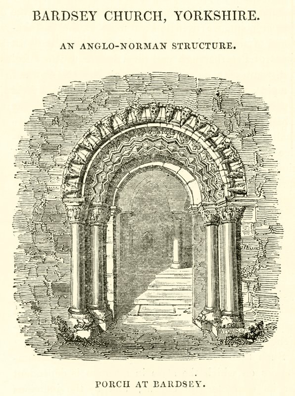 Bardsey Church, Yorkshire, egy anglo-normann építmény, tornác Bardsey-ben alkotó: English School