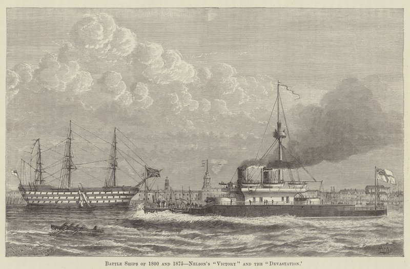 1800-as és 1875-ös csatahajók, Nelson "Victory"-ja és a "Devastation" (metszet) alkotó: English School
