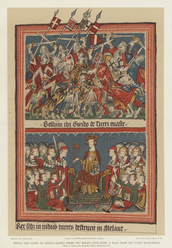 Csata és bíróság VII. Henrik Róma elleni hadjárata idején (színes litográfia) alkotó: English School
