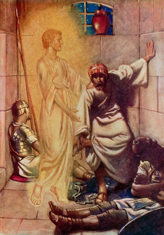 „Íme, az Úr angyala leszállt rá, és fény ragyogott a börtönben”, Szent Péter, XII. Cselekedetek, 7 (színes litho) alkotó: English School