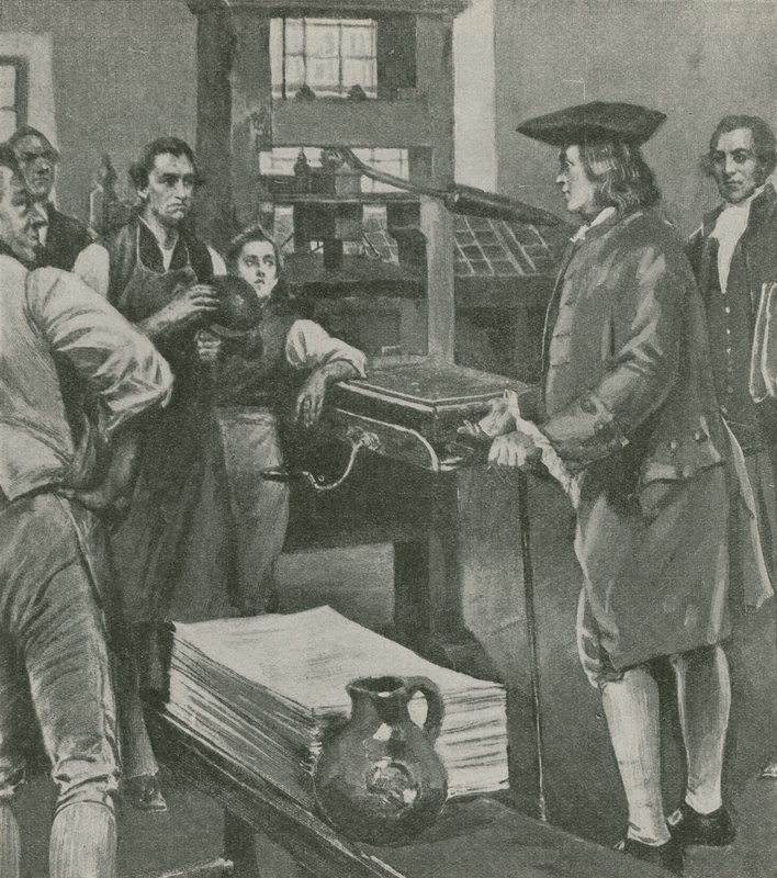 Benjamin Franklin felkeresi régi mestereit, nyomdáit Londonban alkotó: English School