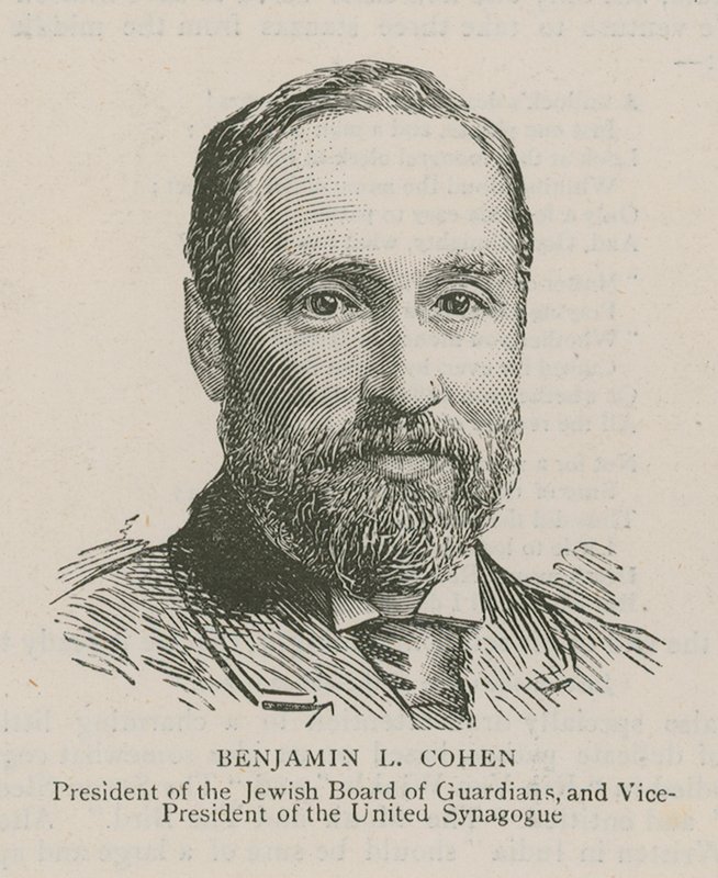 Benjamin L. Cohen, a Jewish Guardians elnöke és az Egyesült Zsinagóga alelnöke alkotó: English School