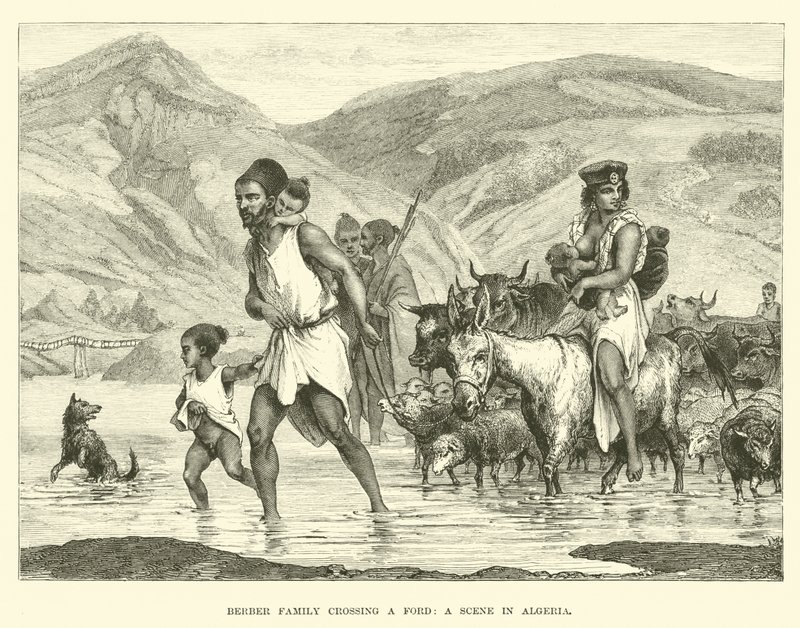Berber család gázlón át, jelenet Algériában alkotó: English School