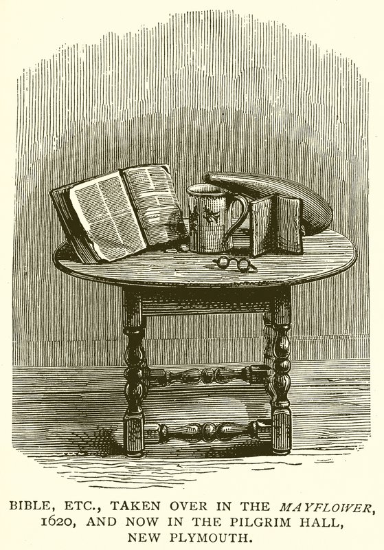 Biblia stb., átvett a Mayflowerben, 1620-ban, és most a Pilgrim Hallban, New Plymouthban alkotó: English School