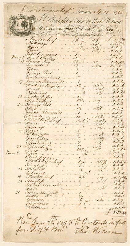 Számla a Thomas & Nicholas Wilson élelmiszerboltoktól vásárolt árukra alkotó: English School
