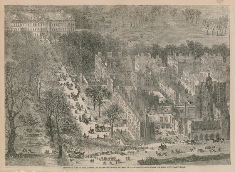 Madártávlati kilátás Buckinghamre és a Szent Jakab-palotára alkotó: English School