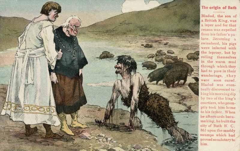 Bladud, a britek legendás királya, akiről azt mondták, hogy ő alapította Bath városát (színes litho) alkotó: English School