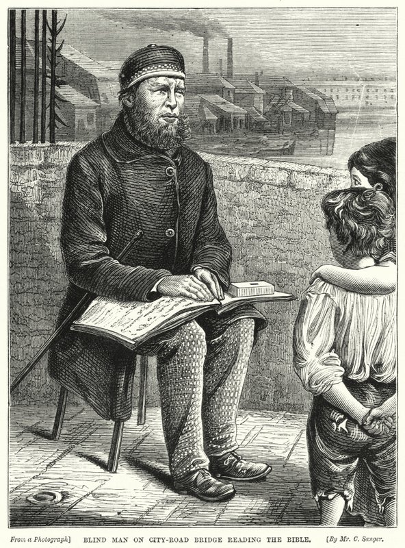 Vak ember a városi hídon Bibliát olvas (metszet) alkotó: English School