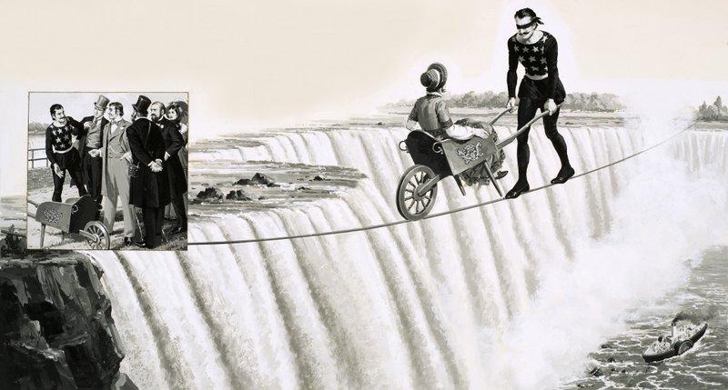 Blondin (Francois Gravelet) egy talicskát tol egy kötélen a Niagara-vízesés felett alkotó: English School