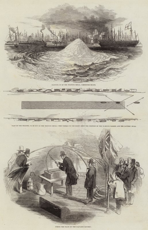 A Whiting Shoal felrobbantása Limehouse Reachnél (metszet) alkotó: English School
